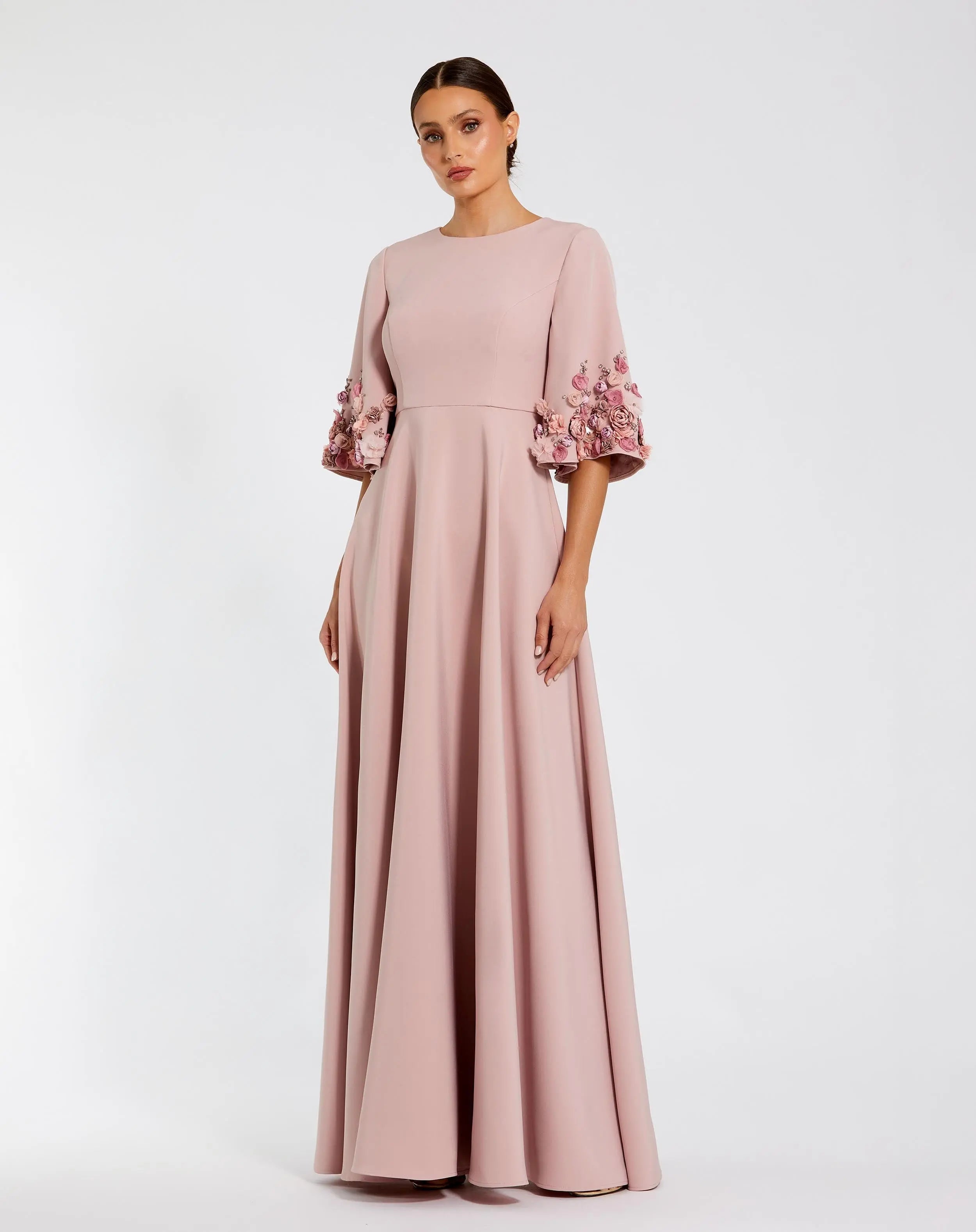 Pink Stretch Satin 3/4 Sleeve Gown With Flower Trim