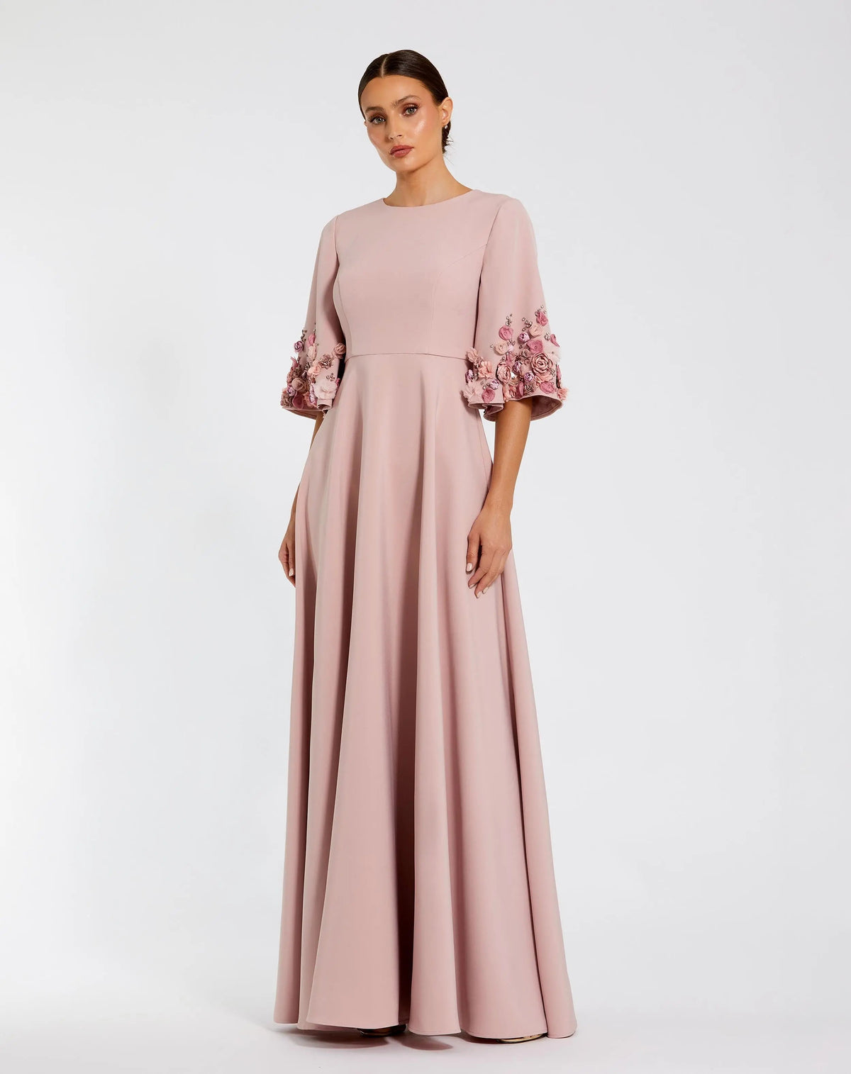 Pink Stretch Satin 3/4 Sleeve Gown With Flower Trim