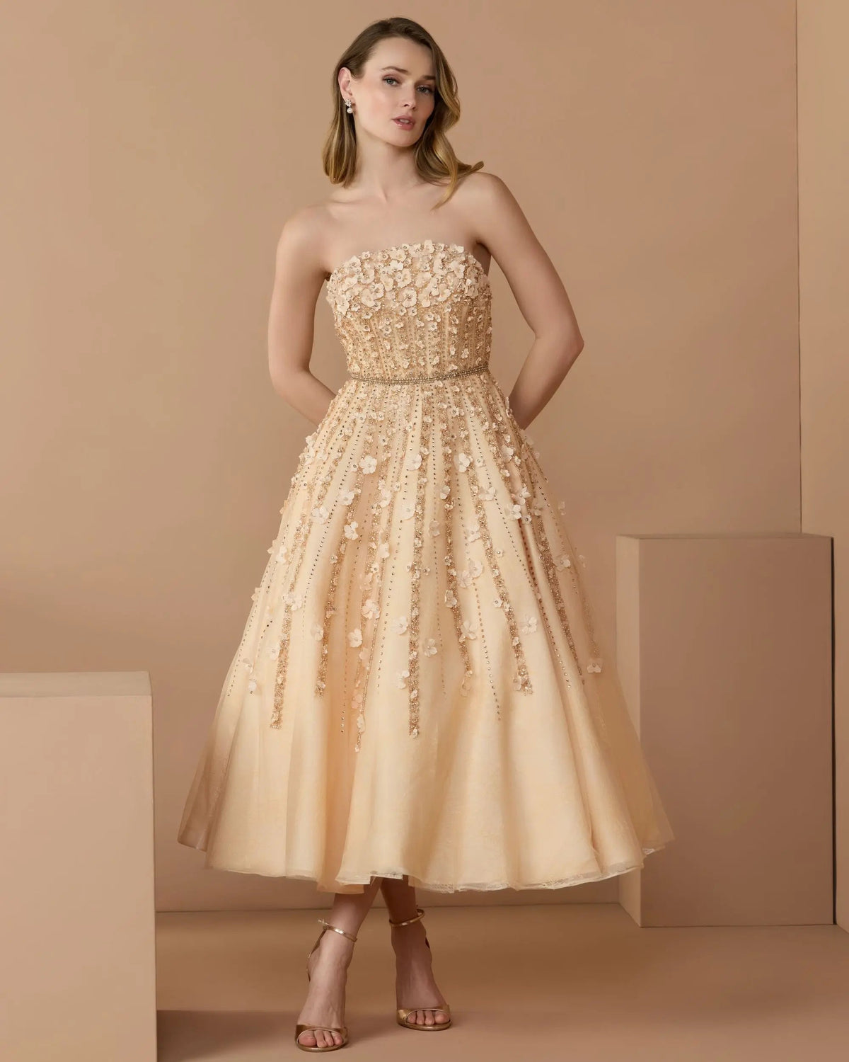 Beige Strapless Floral Embellished Midi Dress - Mac Duggal