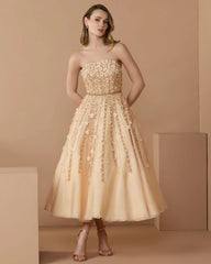 Beige Strapless Floral Embellished Midi Dress - Mac Duggal