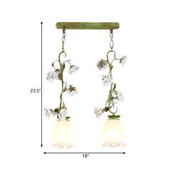 Green 2 Bulbs Multi Light Pendant Pastoral Style White Glass Flower Hanging Lamp for Dining Room