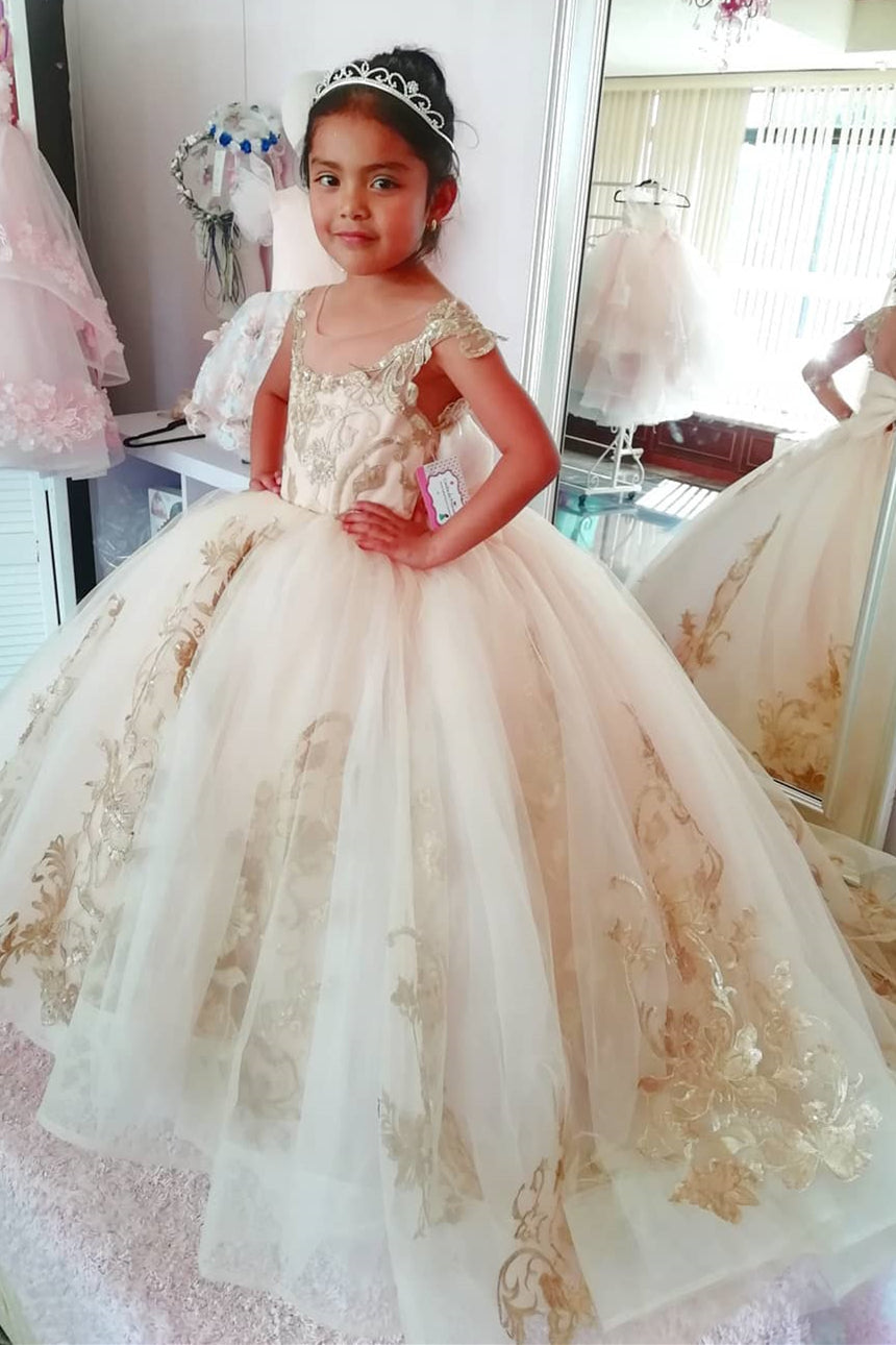 Princess A-line Champagne Flower Girl Dress with Gold Appliques