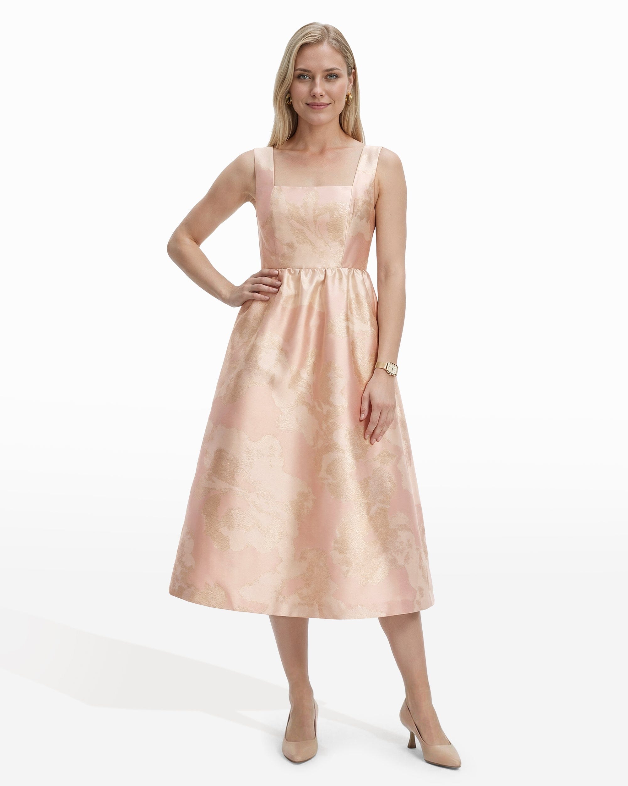 Anne Klein BLOSSOM MULTI Square Neck A-line Silhouette Midi length Dress with Open Back