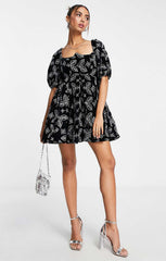 Asos Design Soft Mini Dress In Velvet Broderie With Contrast Embroidery In Black