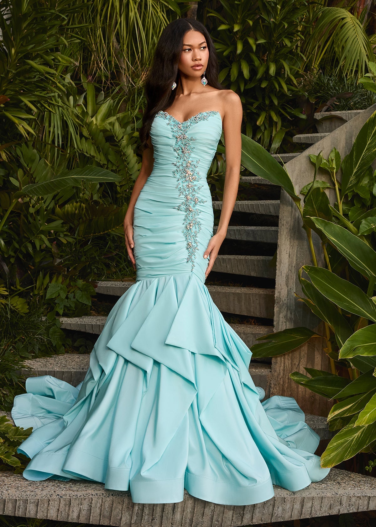 ASHLEYlauren 12301 | Sky taffeta mermaid gown with ruched bodice, layered ruffle skirt and sparkling embellished neckline