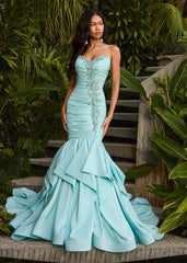 ASHLEYlauren 12301 | Sky taffeta mermaid gown with ruched bodice, layered ruffle skirt and sparkling embellished neckline