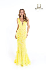 Lucci Lu 1230 Long Fitted Sequin Neon Prom Dress V Neck Formal Pageant Gown Backless  Sizes: 00-24  Colors: Neon Orange, Neon Pink, Neon Yellow