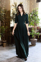 Dark green maxi dress with pleats and separated belt