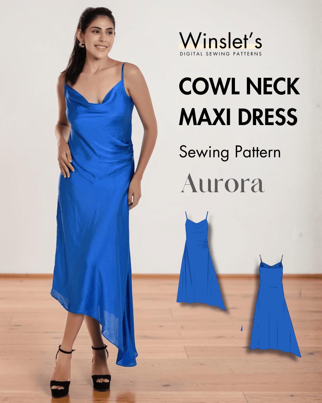 Blue satin cowl neck maxi dress sewing pattern with asymmetric hem and spaghetti straps