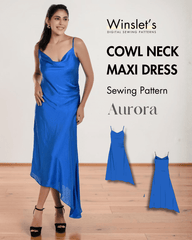 Blue satin cowl neck maxi dress sewing pattern with asymmetric hem and spaghetti straps