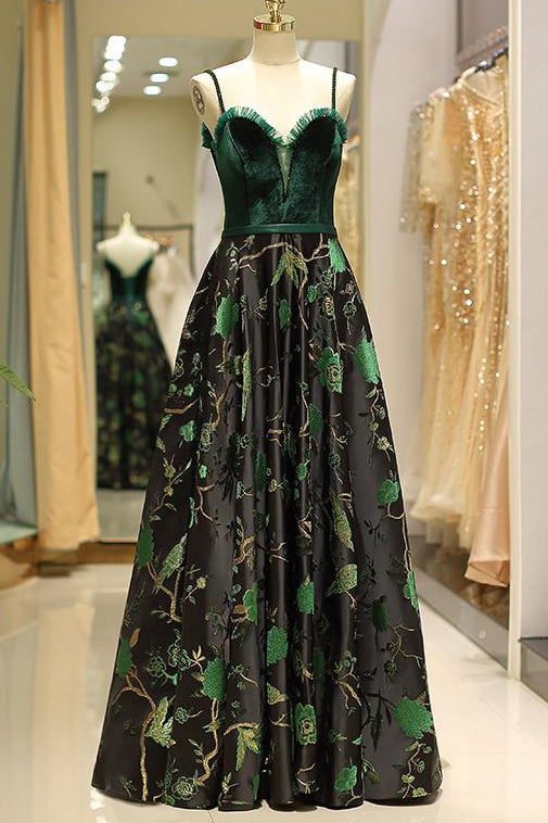 Emerald Green Velvet Bodice Floral Jacquard Evening Gown