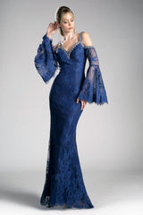 Long Fitted Lace Dress With Bell Sleeves by Cinderella Divine -13112