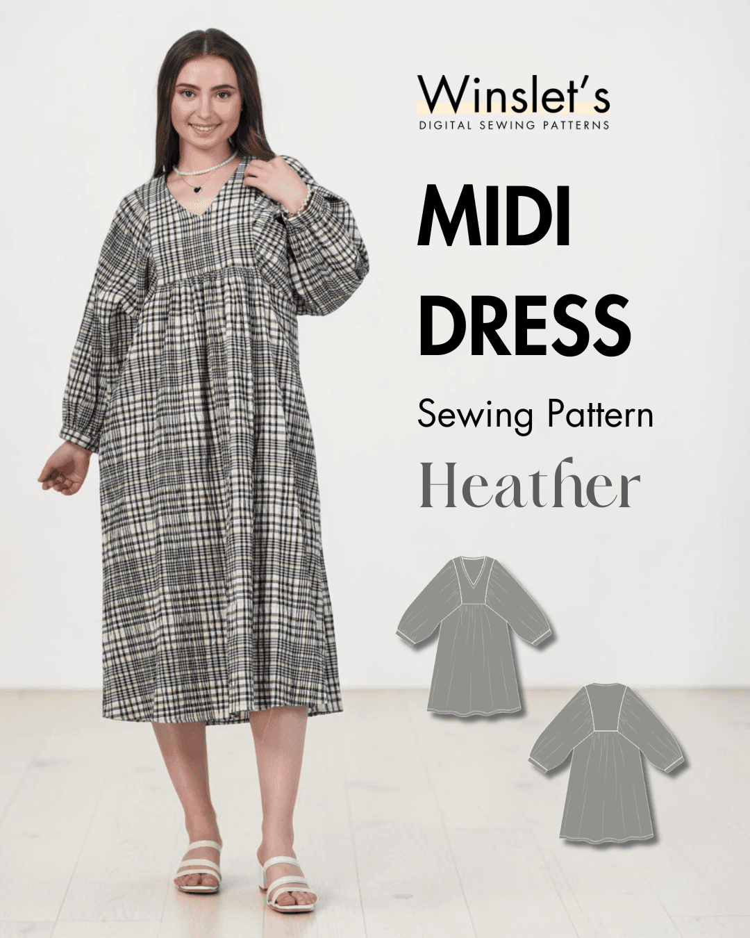 Women's long sleeve plaid midi dress with gathered waist and V-neck, sewing pattern for Heather