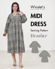 Women's long sleeve plaid midi dress with gathered waist and V-neck, sewing pattern for Heather
