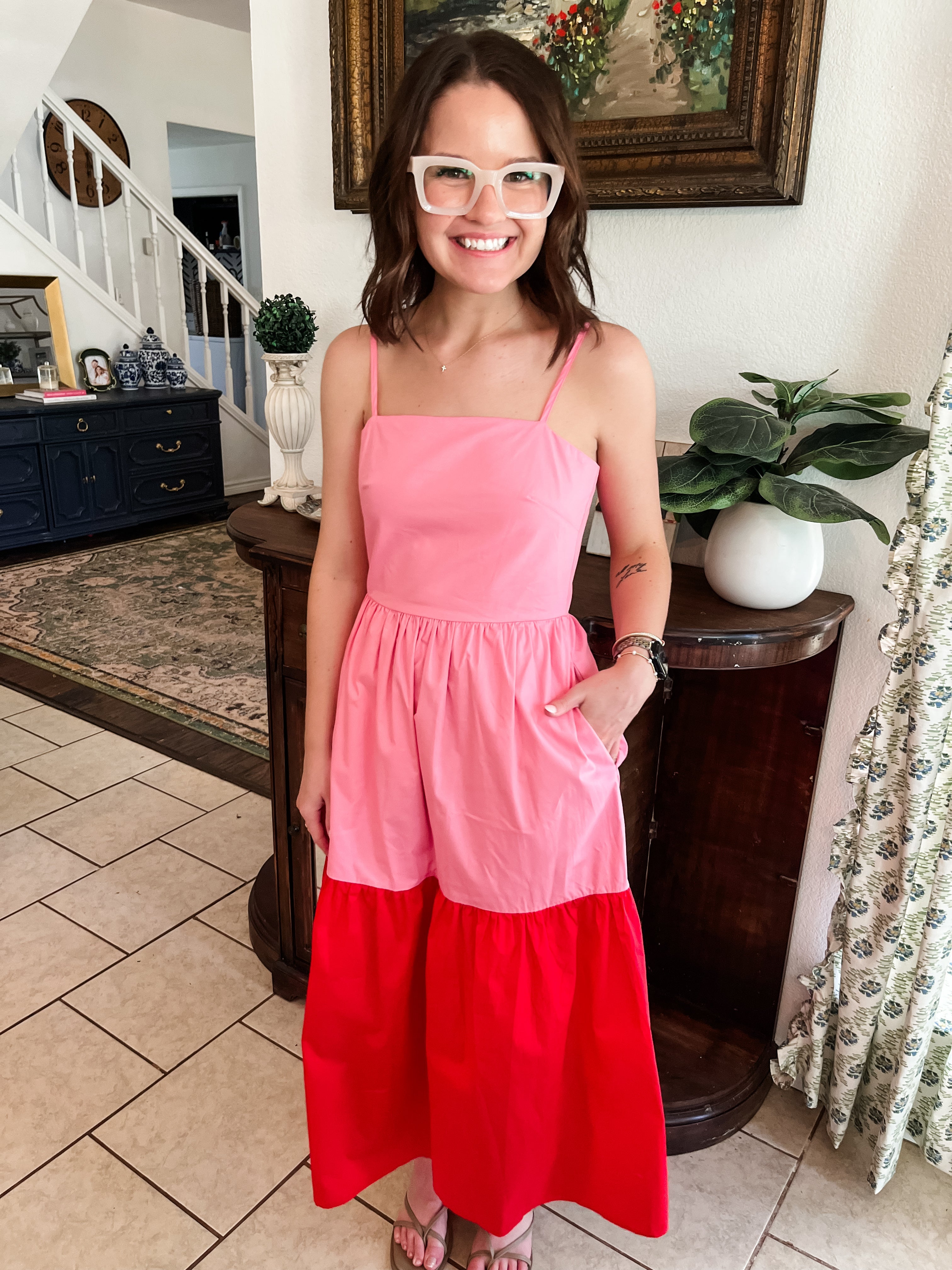 Rebekah Color Block Midi Dress- Pink & Red-Midi/Maxi Dress-K. Ellis Boutique