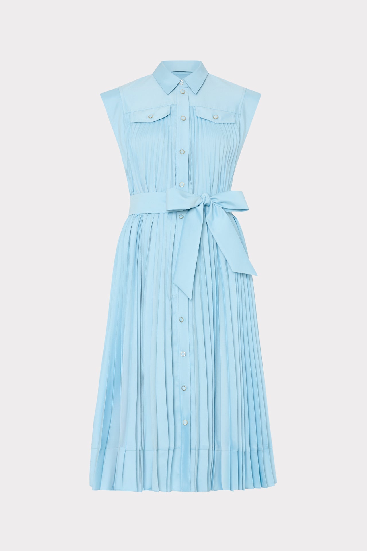 Mineral Blue Pleated Twill Midi Dress with Belt - Front View | MILLY