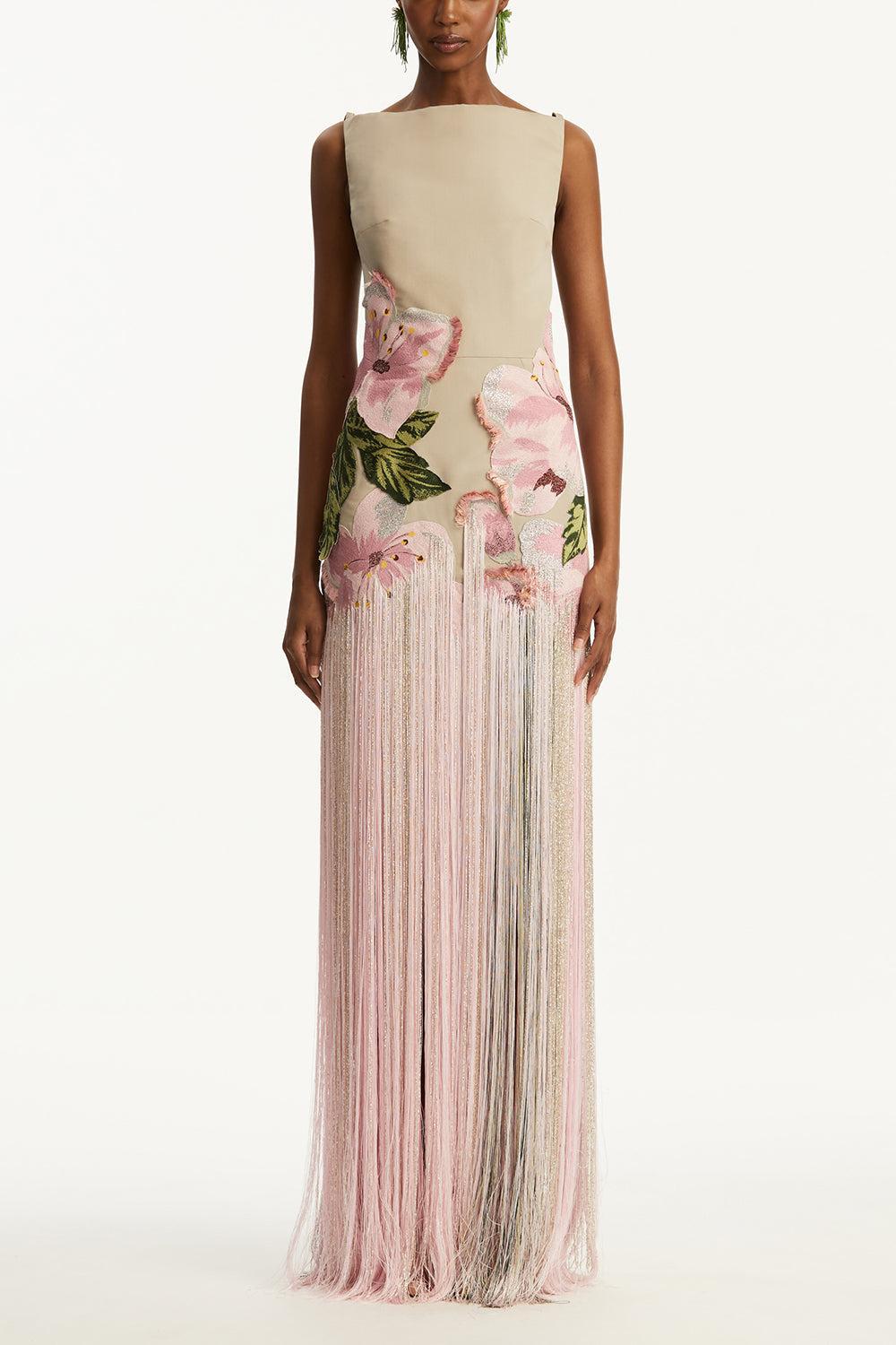 Sleeveless Embroidered Fringe Gown-PEWTER-6-CLOTHINGDRESSGOWN-OSCAR DE LA RENTA