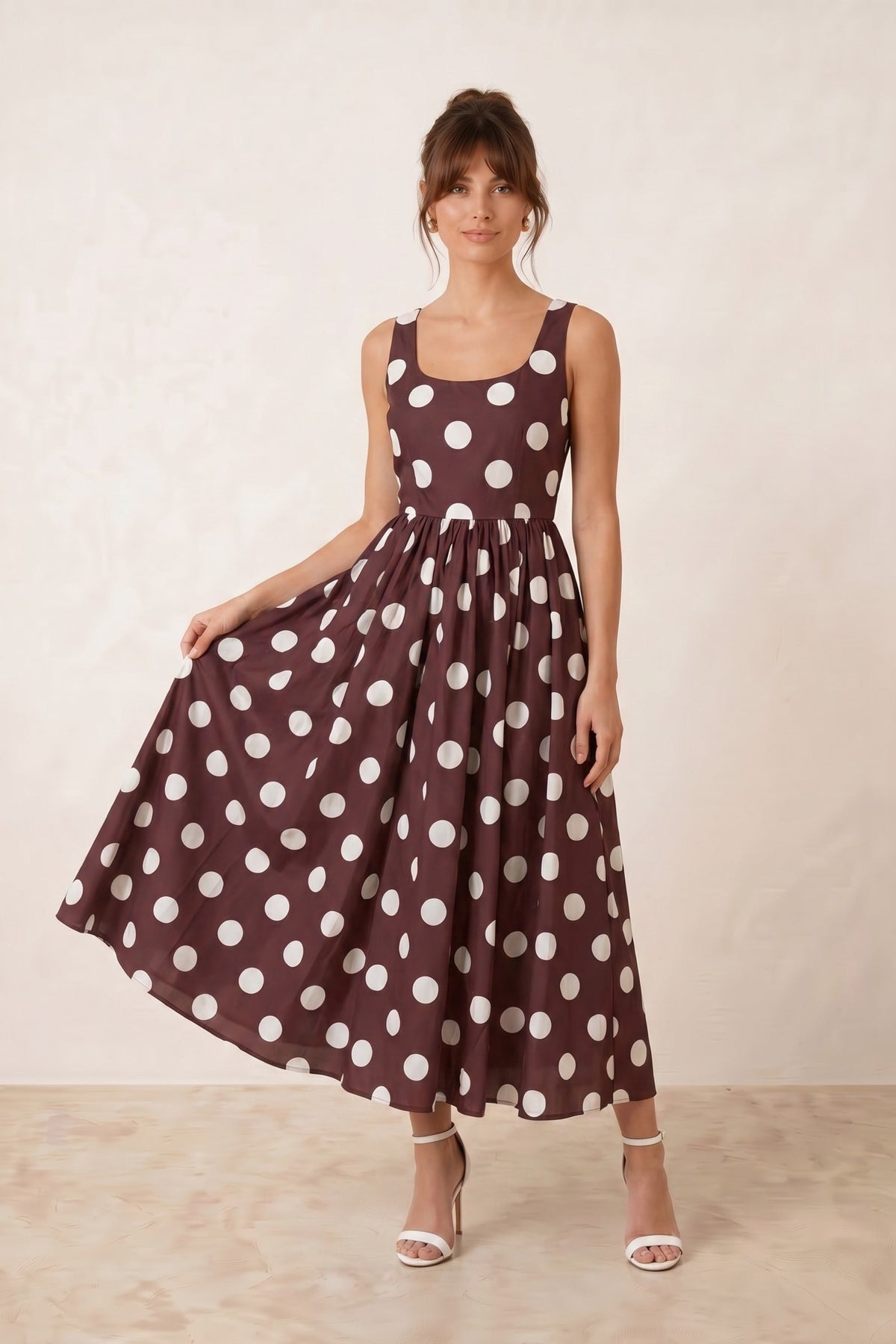 Davica Chocolate Brown and Cream Polka Dot Midi Dress - Style Cheat