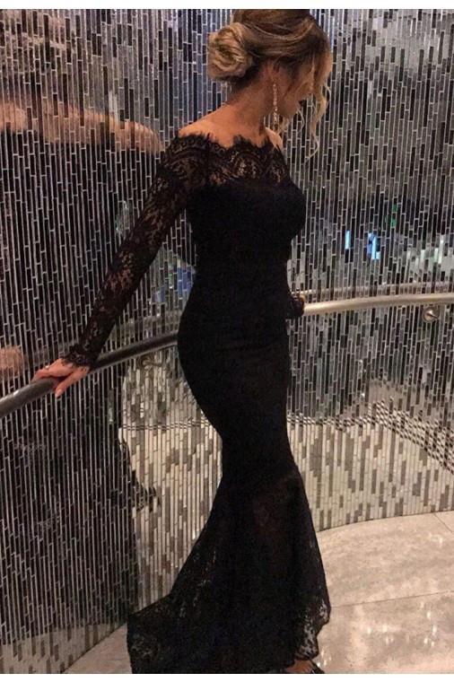 Mermaid Black Elegant Off the Shoulder Long Lace Long Sleeves Sexy Prom Dress PFP0993
