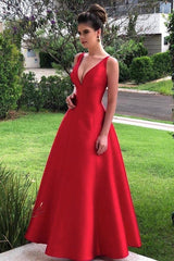 Simple Red V Neck A Line Satin Long Prom Dress