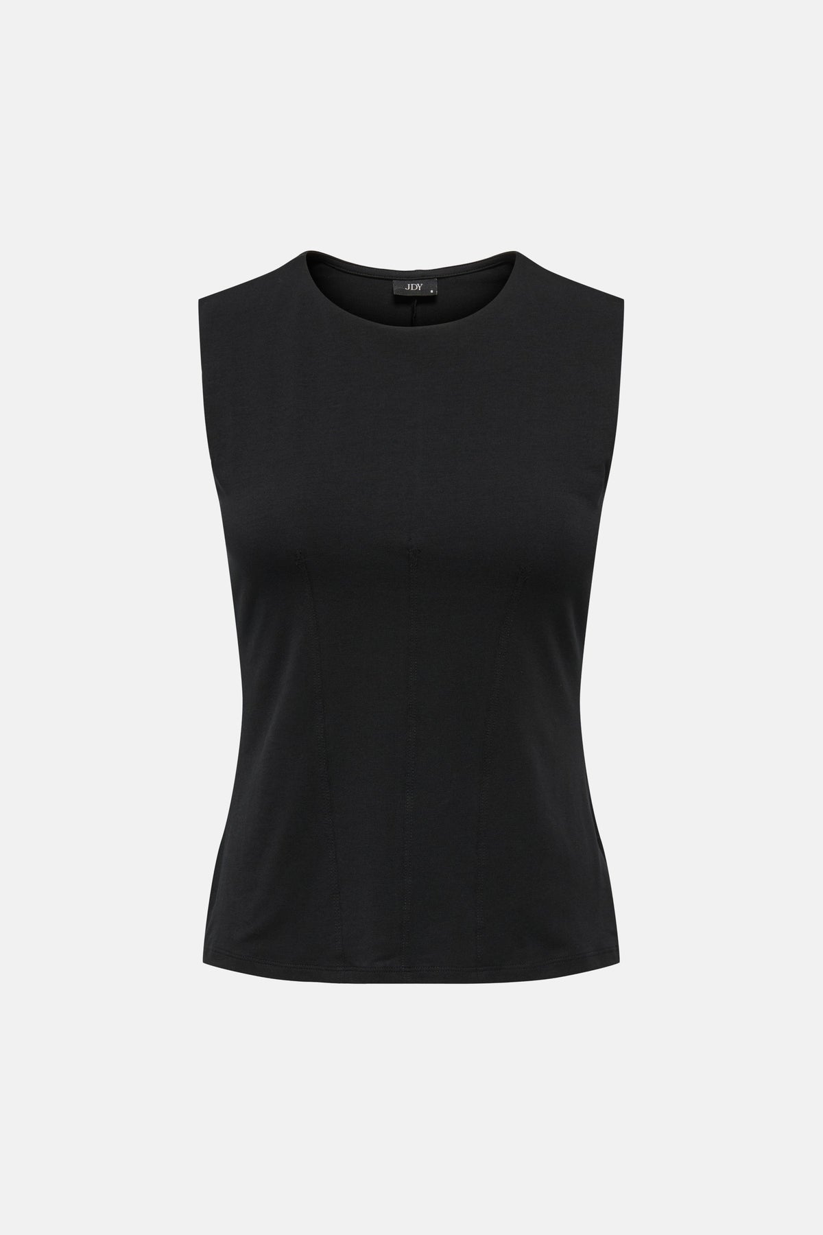 Haut noire sans manches de JDY avec col rond, coupe ajustée et coutures verticales.