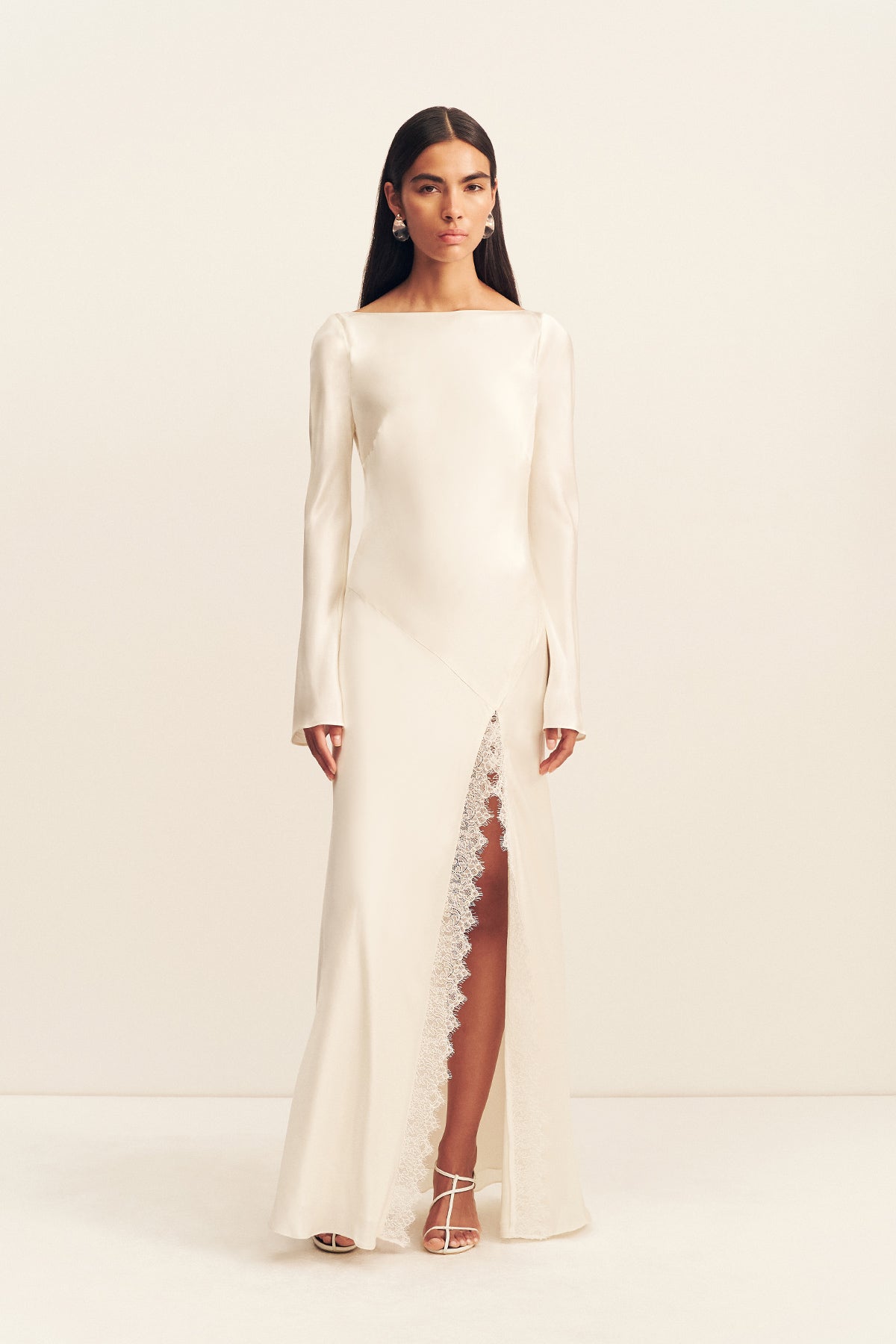 LA LUNE CUMULUS SILK BACKLESS LACE SPLIT MAXI DRESS - IVORY_F