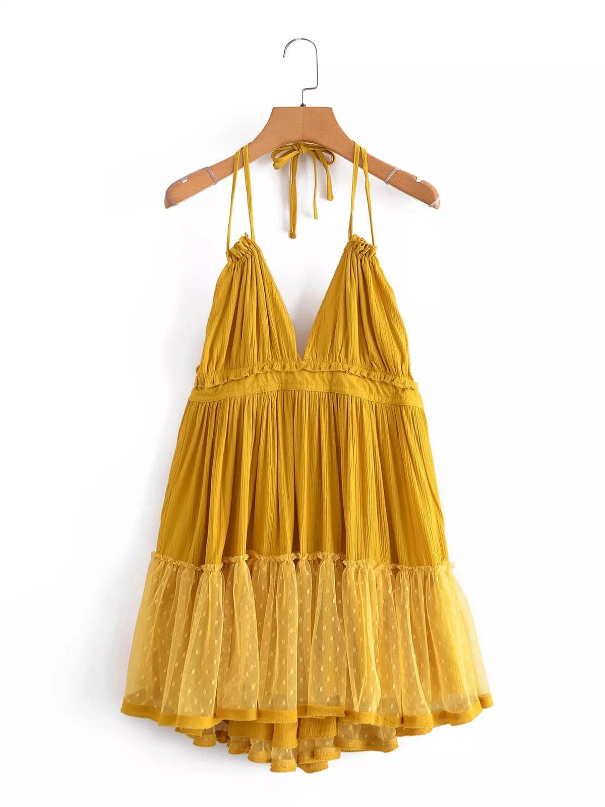 Dobby Mesh Self-Tie Ruffled Halter Dress