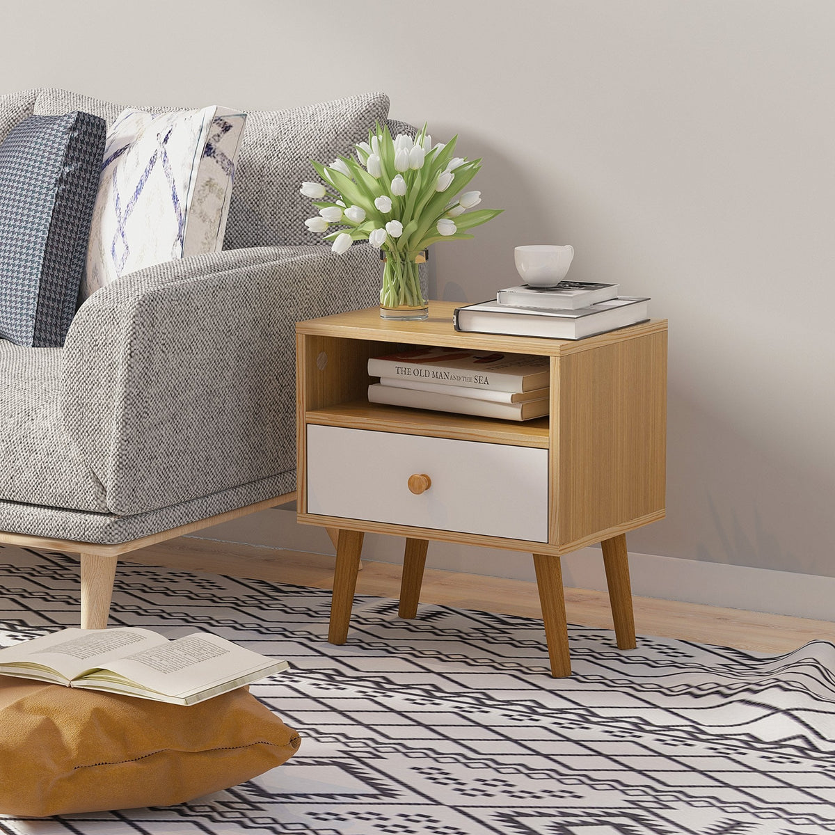 Bedside Table, Bedside Cabinet with Drawer and Shelf, Modern Nightstand, End Table for Living Room, Bedroom, Natural Nightstand w/ Shelf Bedroom