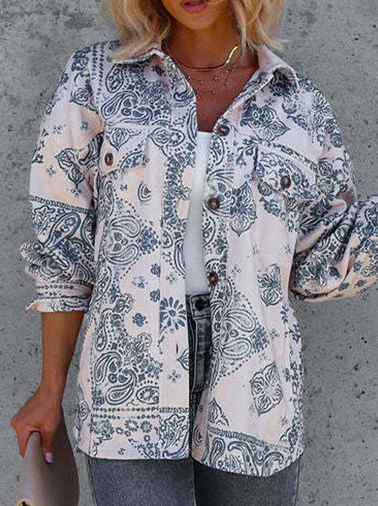 Elegant Print Buckle Shirt Collar Jackets