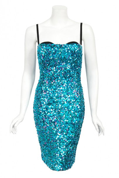 2000 Dolce & Gabbana 'Legally Blonde' Blue Sequin Bodycon Bra Mini Dress