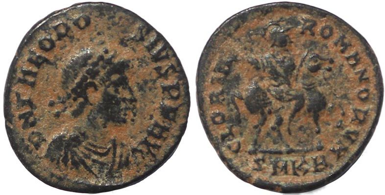 Roman coin of Theodosius I - GLORIA ROMANORVM - Emperor on horseback