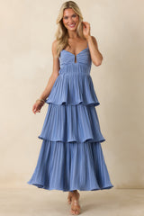 Blue maxi dress featuring adjustable spaghetti straps, a squared U-shaped notch neckline, and a pleated bodice.