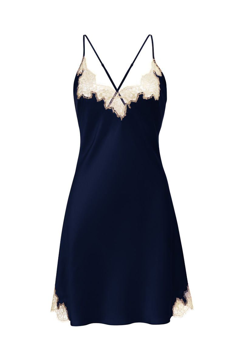 Blue lace-trimmed slip dress by MANITO, a stylish mini dress with delicate lace details and a flattering fit.