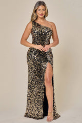 Black Gold One Shoulder Sequin Slit Maxi Dress