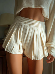 ElevenOra Chic Elegant Cream White Elastic Waist Loose-Fit Soft Ribbed Knit Shorts
