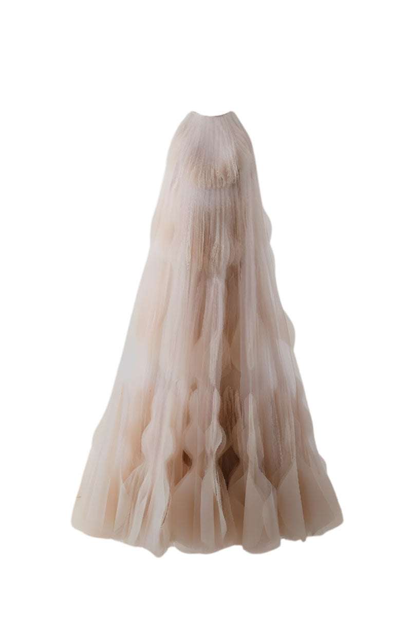 Beige halter neck tiered pleated tulle maxi dress by DOC BAN, flowing with layered pleats and a elegant halter neckline.