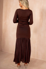 Mariah Chocolate Knit Chiffon Hem Maxi Dress