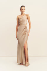 LA LUNE ASYMMETRICAL GATHERED MAXI DRESS - GOLD_F
