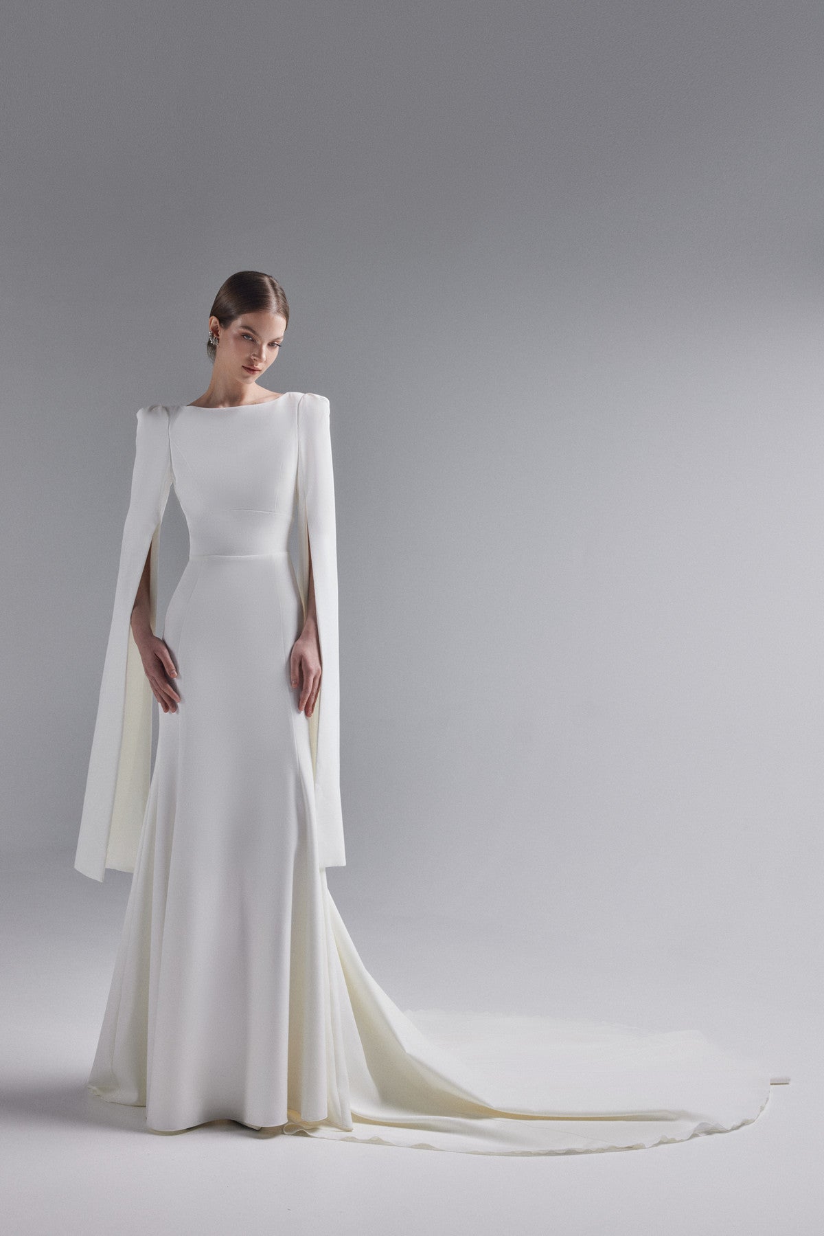 Crepe fit & flare wedding dress with long cape sleeve Ashlee-1
