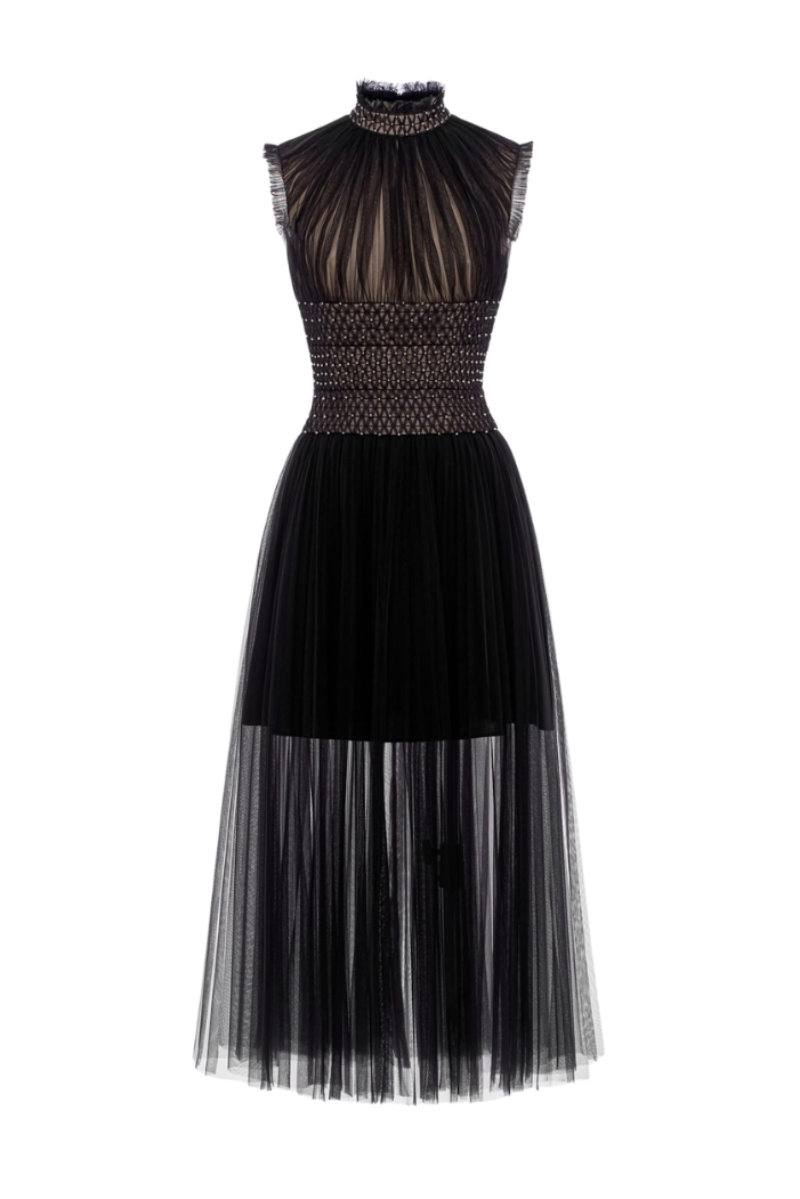 Black tulle high-neck semi-sheer midi dress by Rosee de Matin featuring elegant design and delicate fabric details.