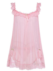 1950s Bow Lace Trim Sheer Mesh Babydoll Nightgown - vintage nightgown, retro sleepwear