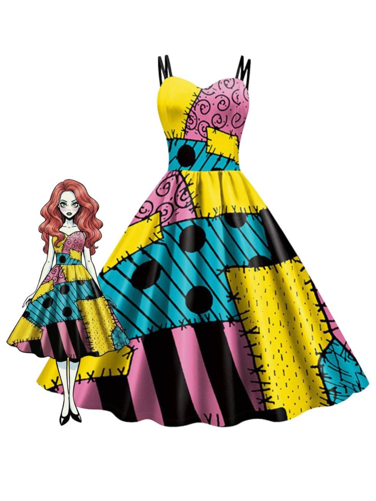 Multicolor 1950s Nightmare Before Christmas Sally Colorblock Dress - vintage dress, retro fashion, rockabilly