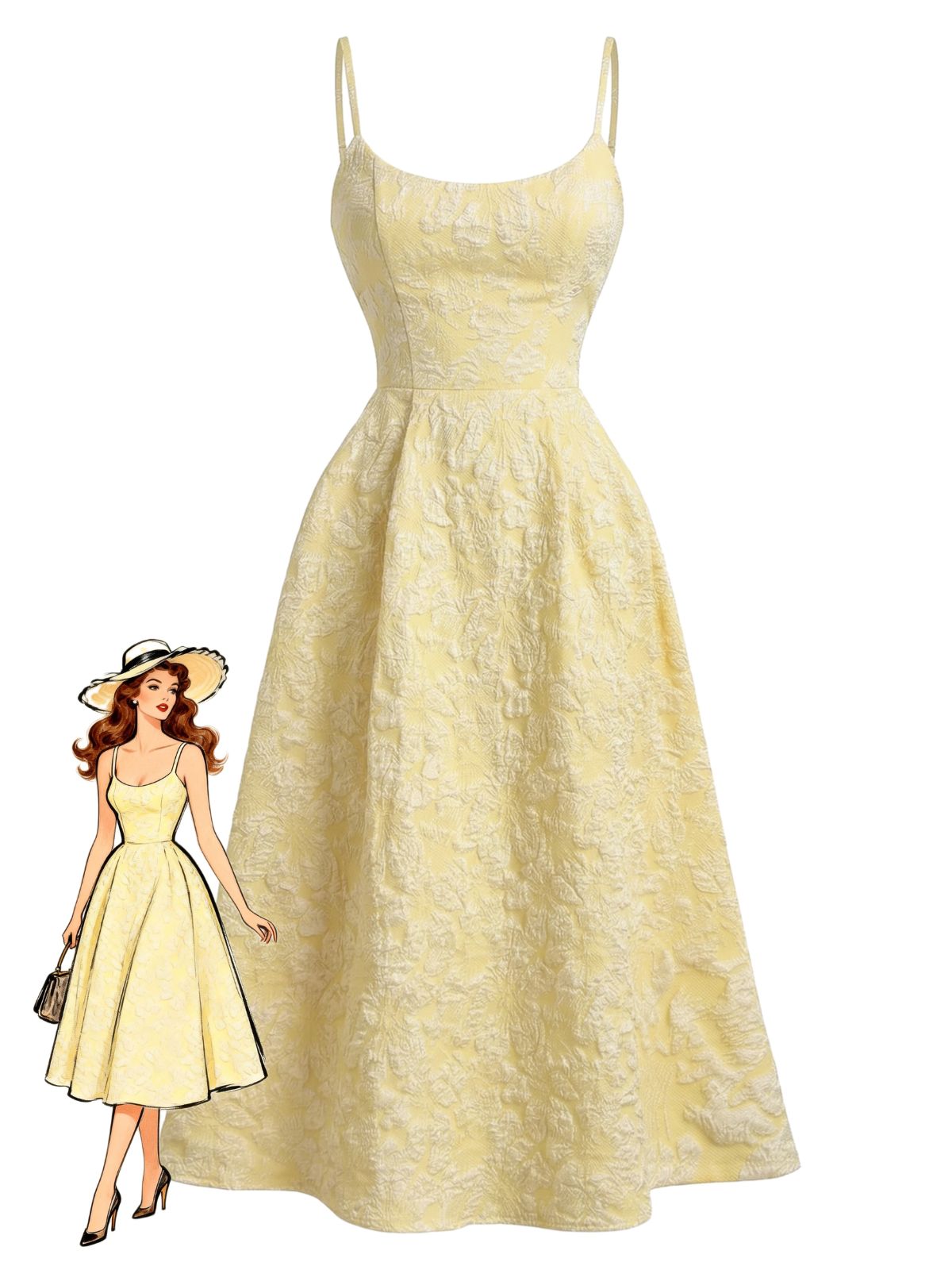 Yellow 1950s Floral Jacquard Textured Spaghetti Strap Midi Dress - vintage dress, retro fashion, rockabilly