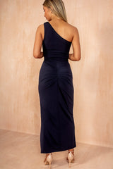 Honor Navy One Shoulder Knot Waist Midi Dress