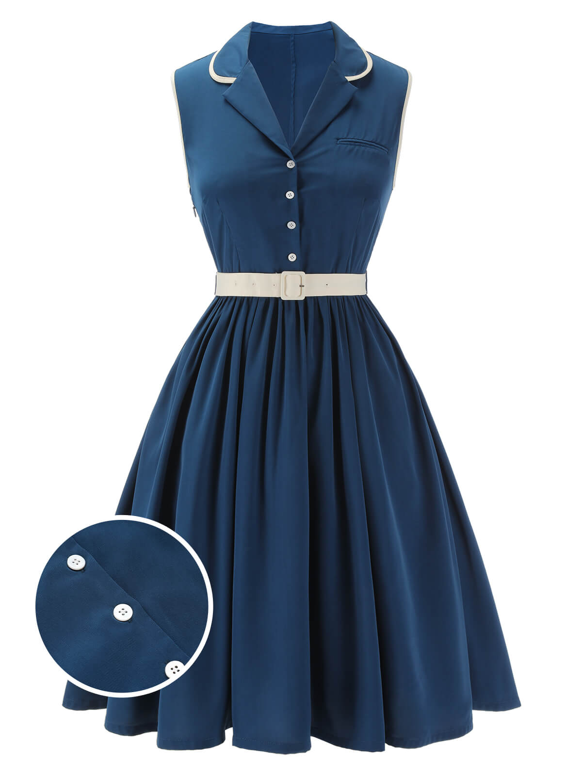 1960s Navy Blue Sleeveless Lapel Dress - vintage dress, retro fashion, elegant style for vintage lovers