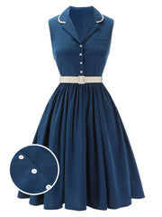 1960s Navy Blue Sleeveless Lapel Dress - vintage dress, retro fashion, elegant style for vintage lovers