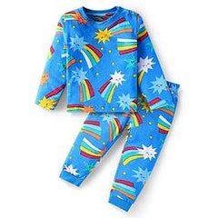 Babyhug Cotton Knit Full Sleeves Night Suit with Rainbow Theme Print - Blue