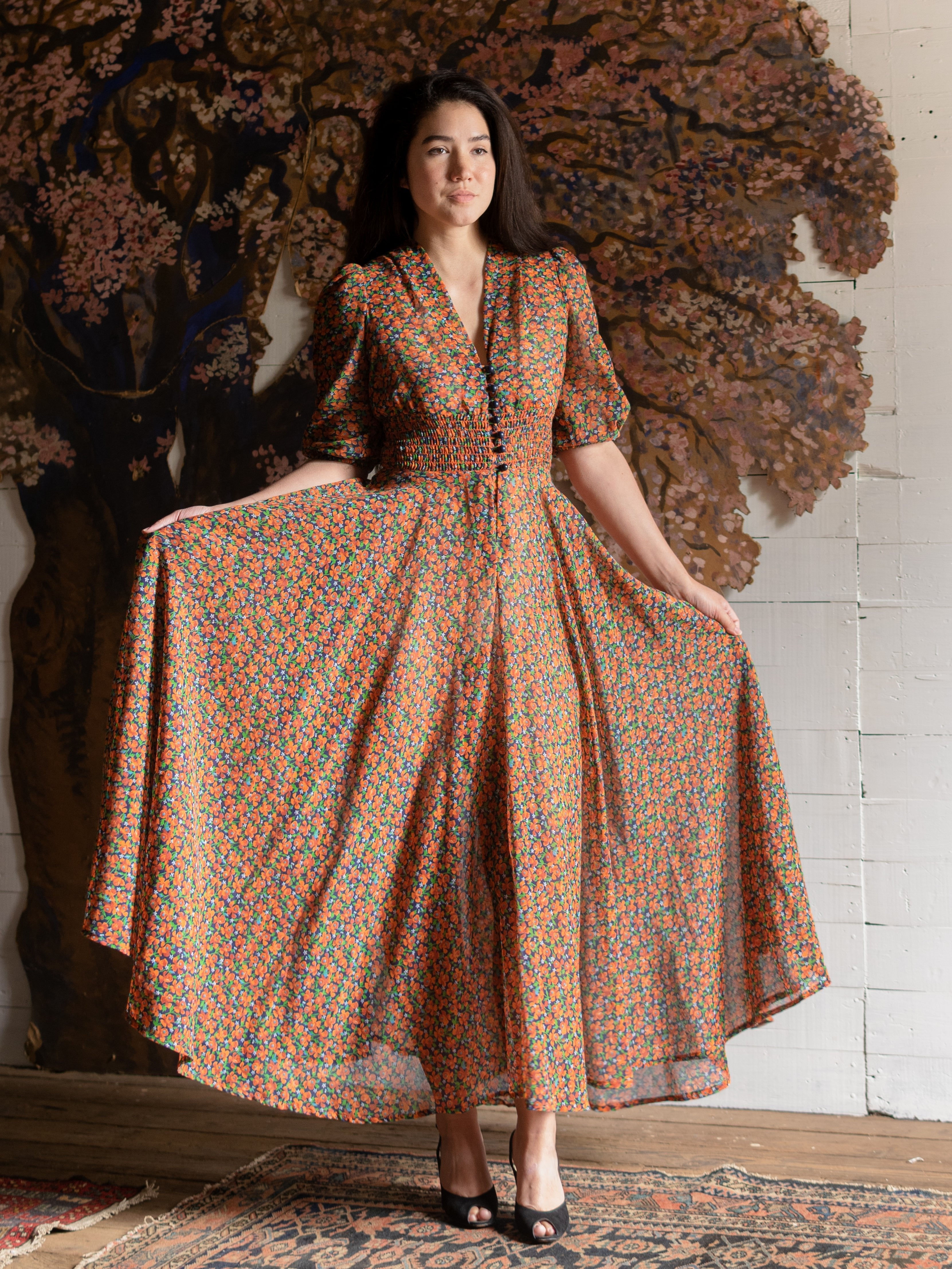 1970s Orange Floral Full Length Dress - Size S M - Second Sight Vintage