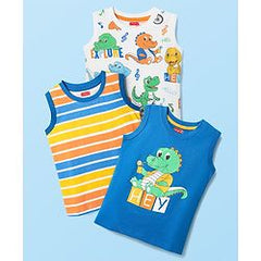 Babyhug Cotton Knit Sleeveless Tank T-Shirts With Stripes & Dino Print Pack Of 3 - White & Blue