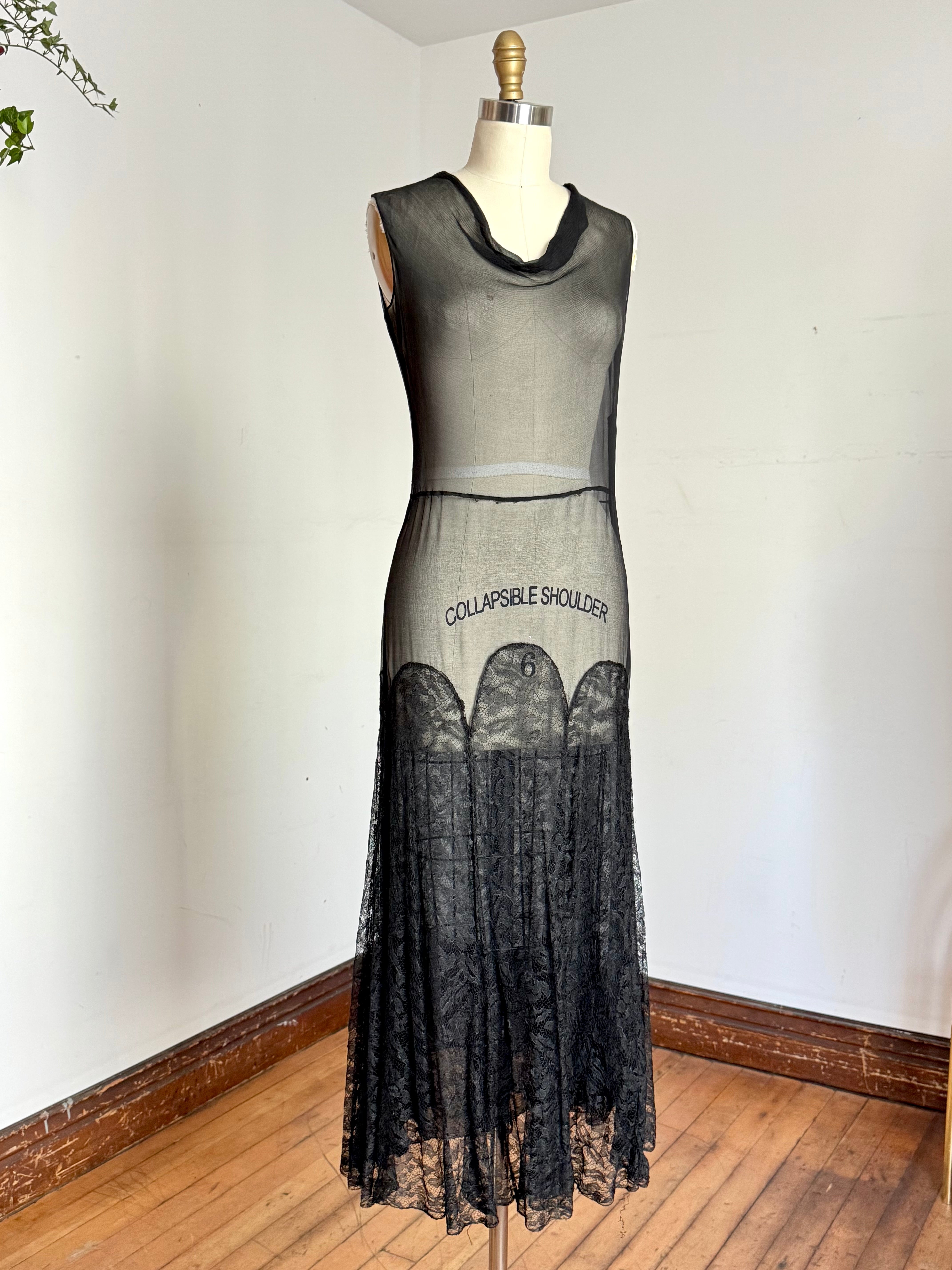 vintage 1930s black sheer silk lace dress {xs/s}